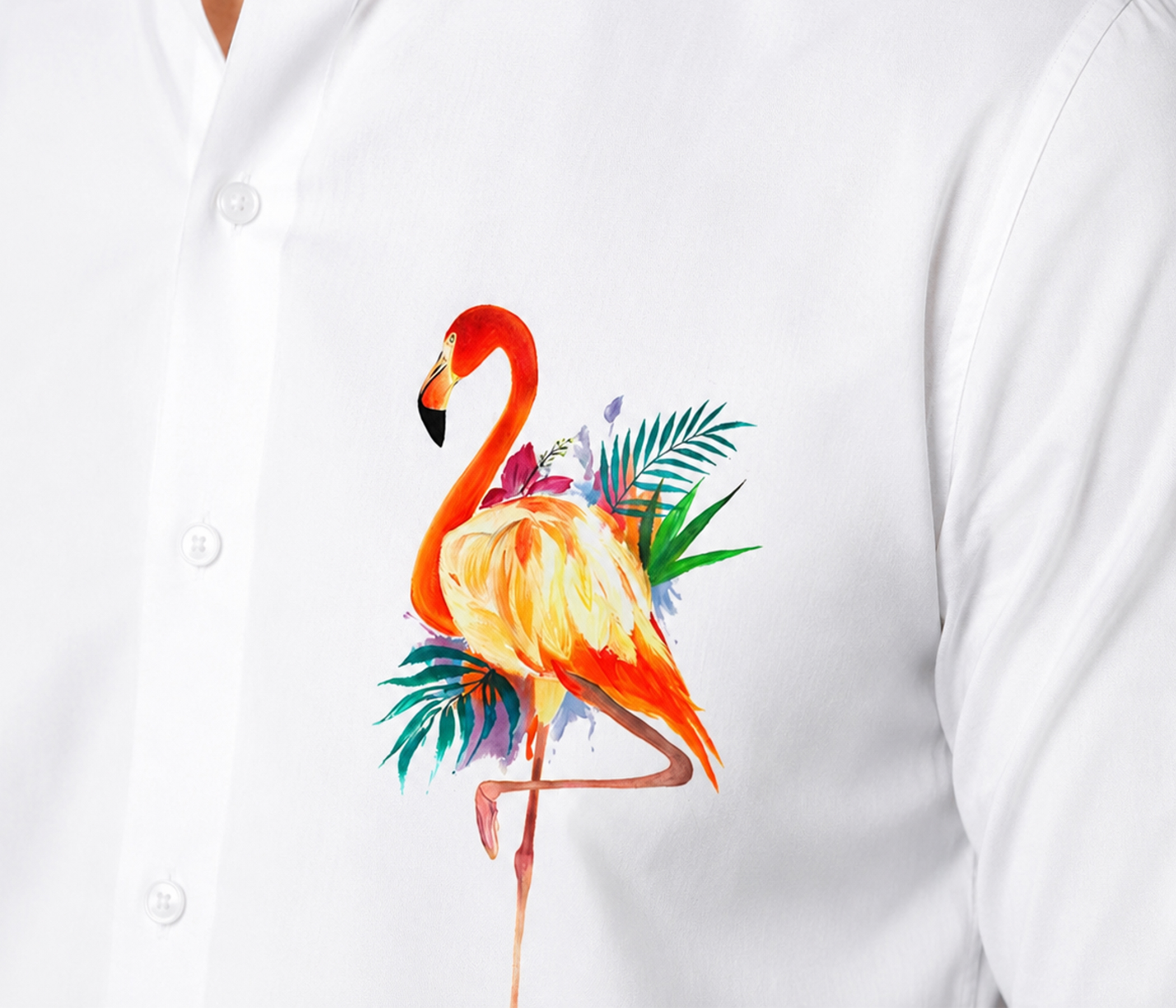 Pure White Hand-Painted Flamingo Shirt for Mens Collection
